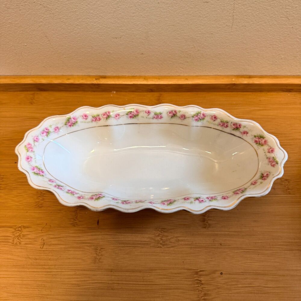 Vintage Germany Porcelain Celery Relish Dish Pink Roses Gold Trim 11 Inch